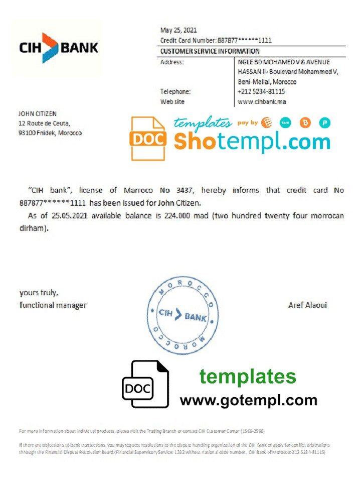 Moroccan CIH Bank bank reference letter example in Word and PDF format