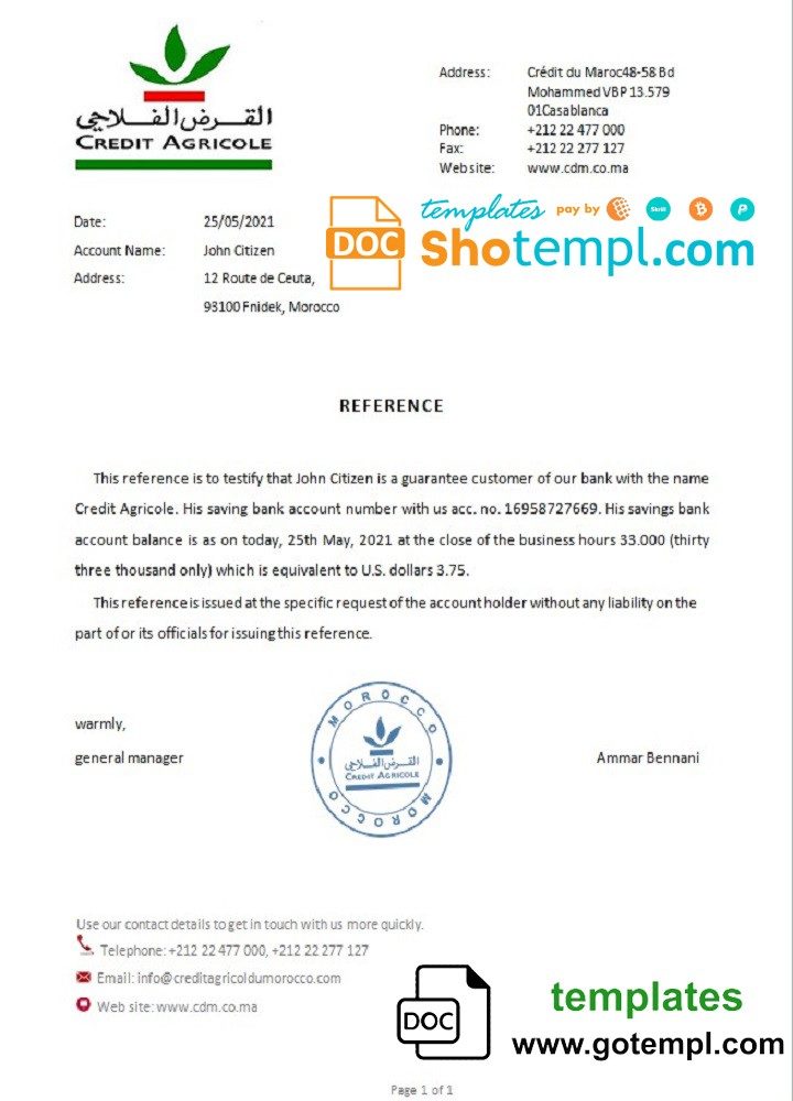 Moroccan Credit Agricole bank reference letter example in Word and PDF format