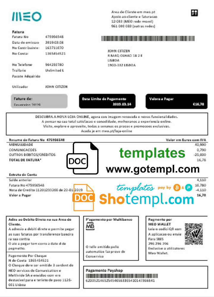 Portuguese MEO utility bill download example in Word and PDF format, fully editable