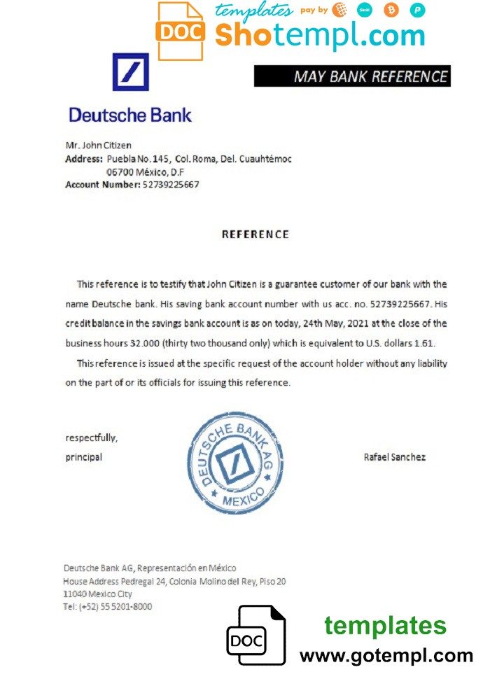 Mexican Deutsche Bank bank reference letter example in Word and PDF format