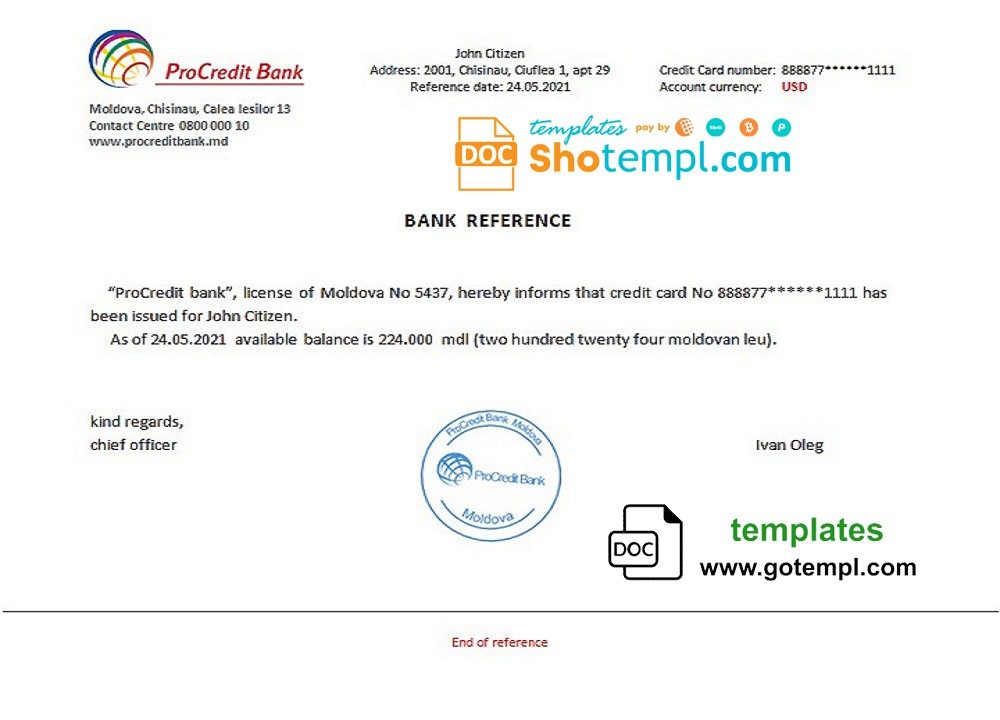 Moldovan ProCredit Bank bank reference letter example in Word and PDF format
