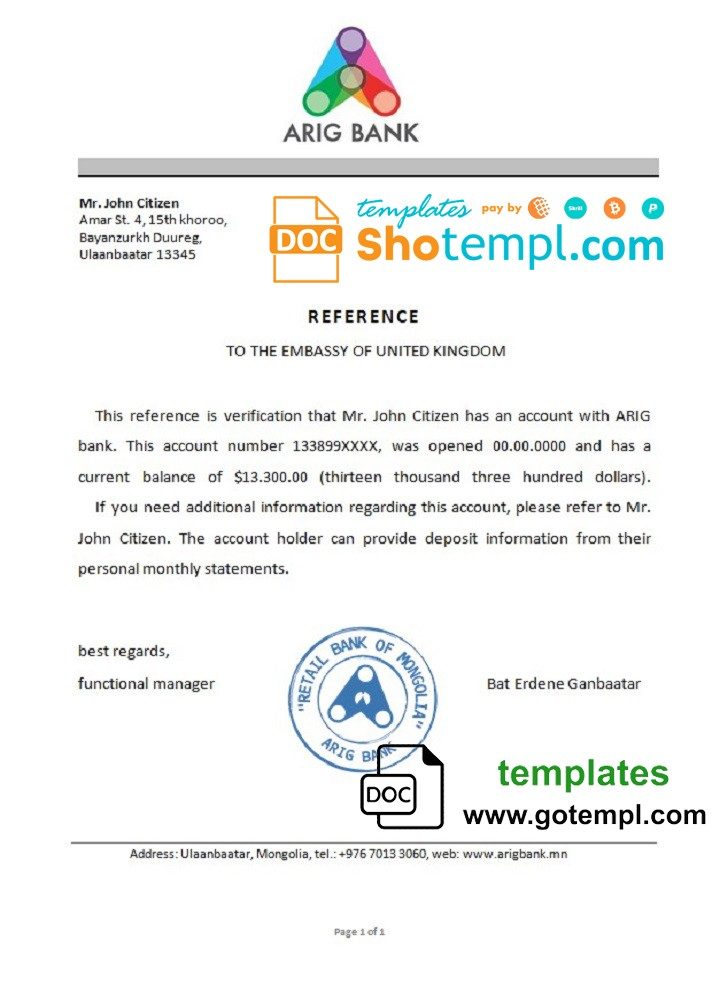 Mongolian Arig Bank bank reference letter example in Word and PDF format