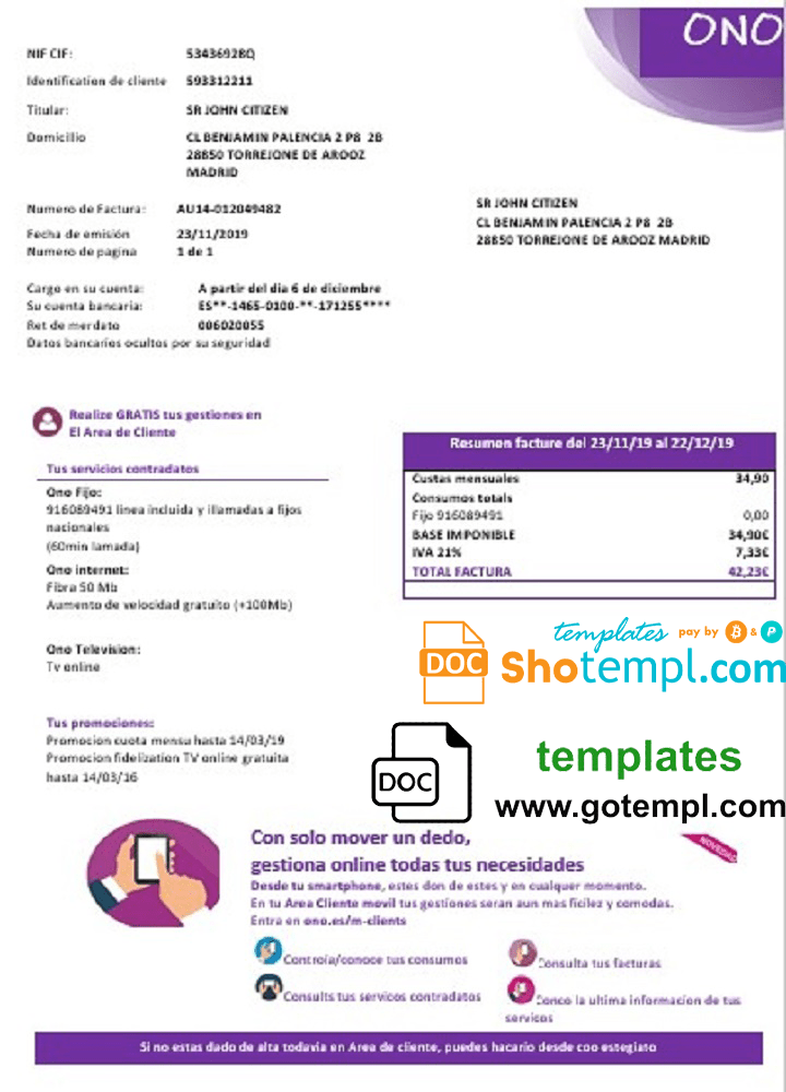Spain ONO easy fillable utility bill download example in Word and PDF format (.doc and .pdf)