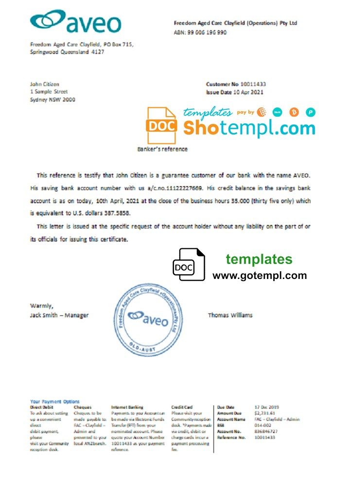 Australian Aveo bank account reference letter example in Word and PDF format