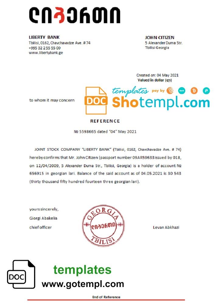 Georgian Liberty bank account reference letter example in Word and PDF format