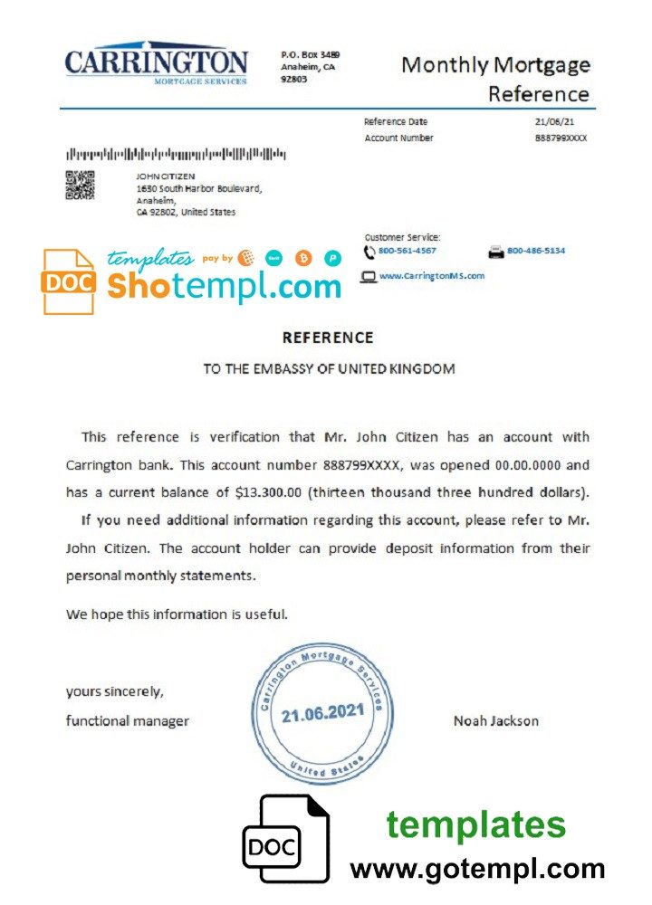 USA Carrington bank account reference letter example in Word and PDF format