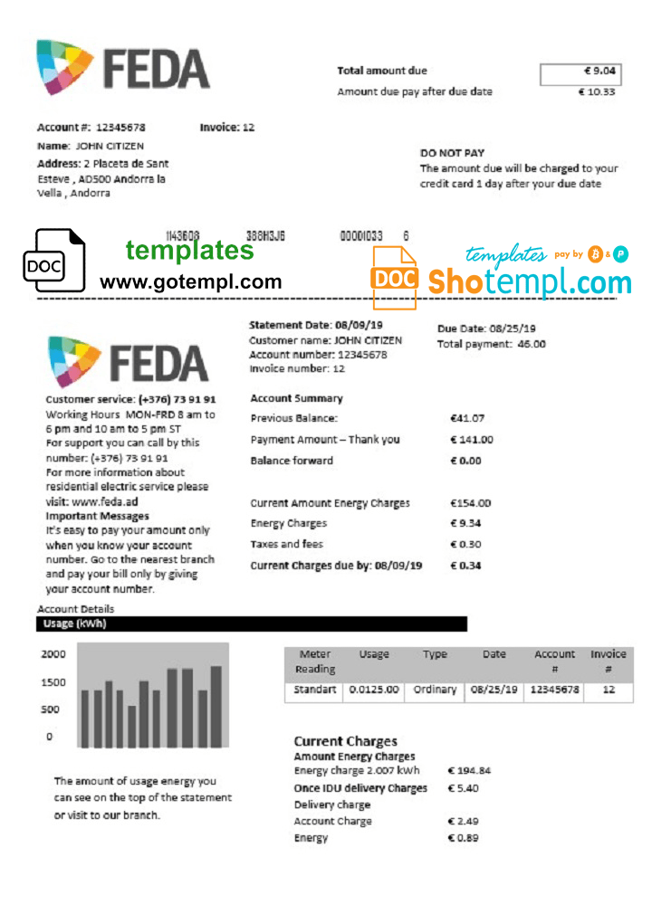 Andorra Electric Forces of Andorra utility bill download example in Word and PDF format