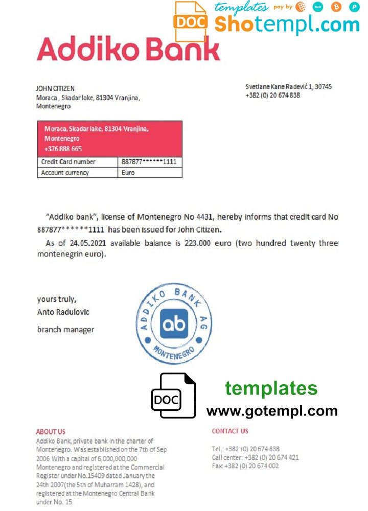 Montenegrin Addiko Bank bank reference letter example in Word and PDF format
