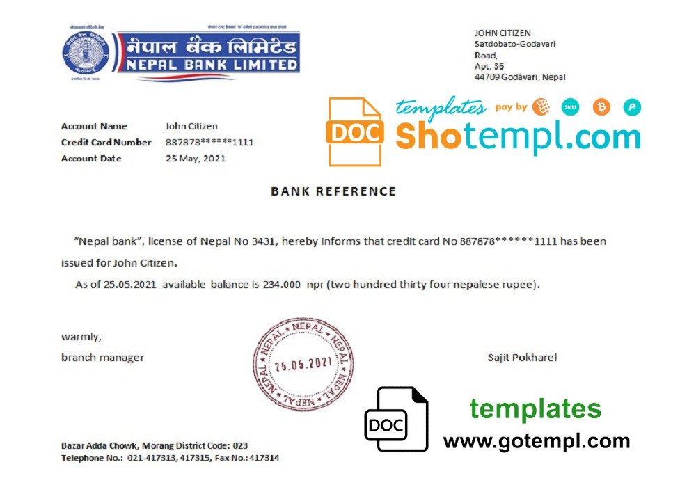 Nepali Nepali Bank bank reference letter example in Word and PDF format