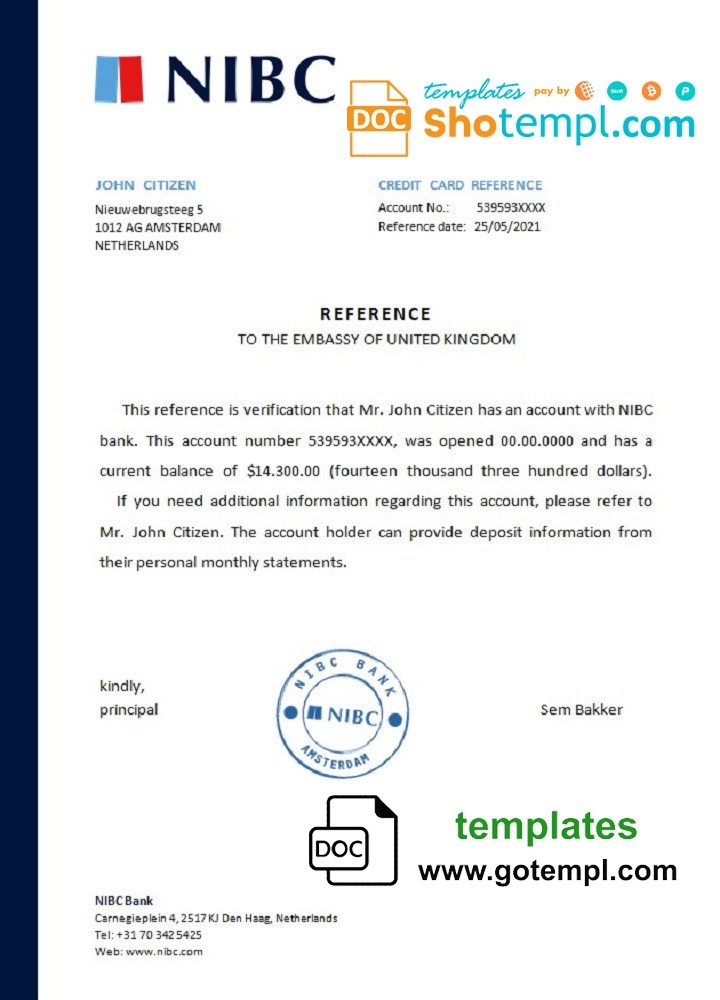 Dutch NIBC Bank bank certificate example in Word and PDF format