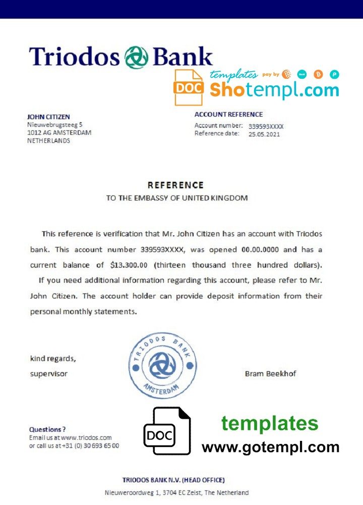 Dutch Triodos Bank bank certificate example in Word and PDF format