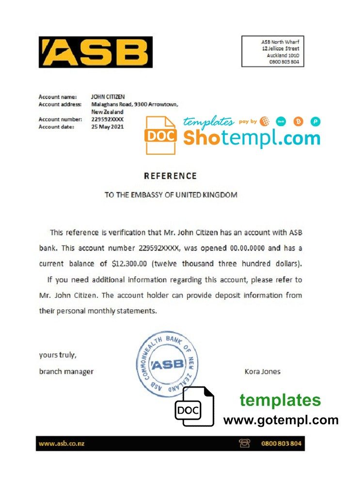 New Zealand ASB bank account reference letter example in Word and PDF format