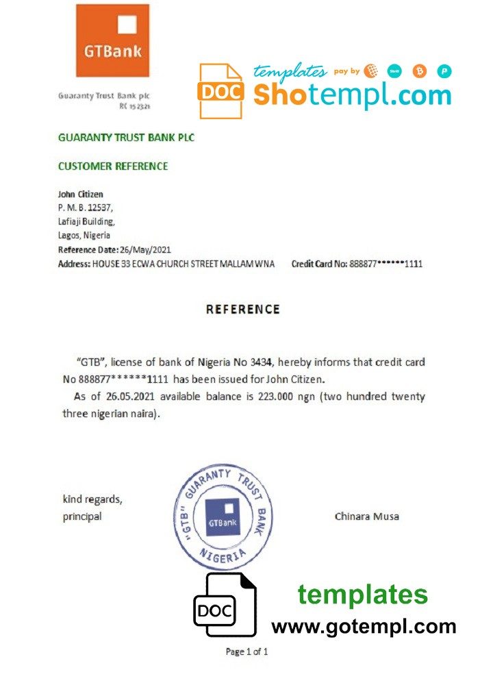 Nigerienia GTBank bank account reference letter example in Word and PDF format