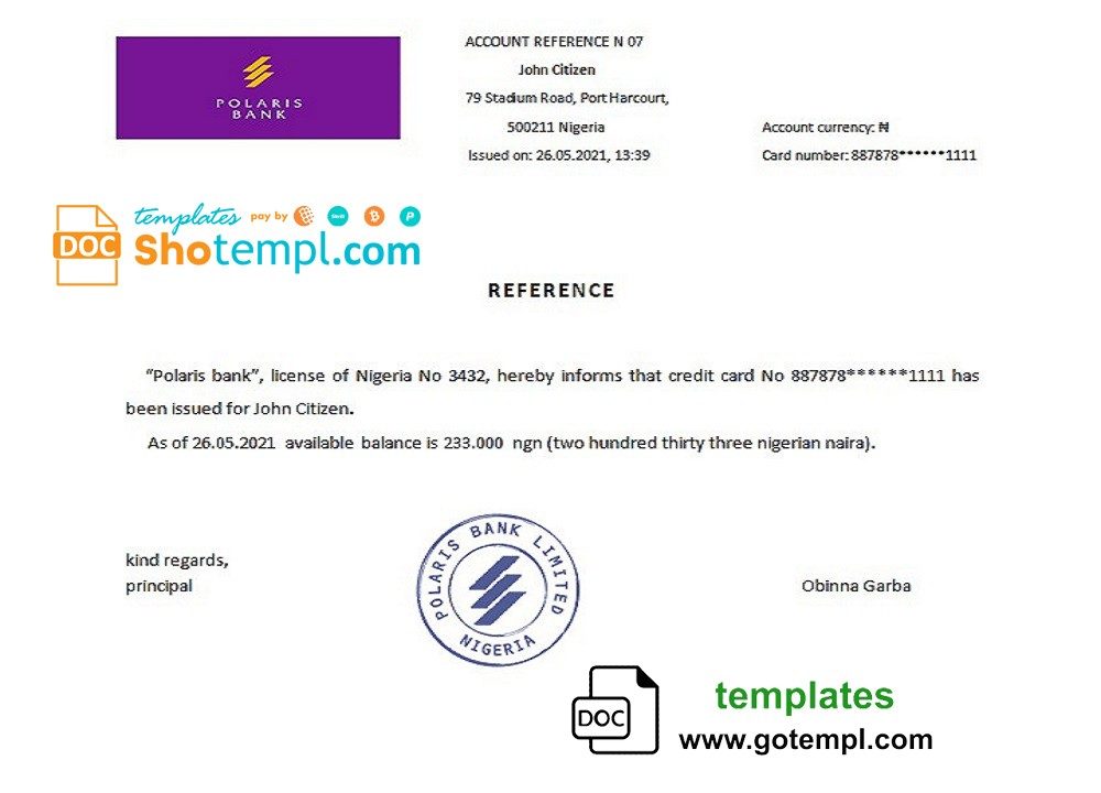 Nigerienia Polaris Bank bank account reference letter example in Word and PDF format