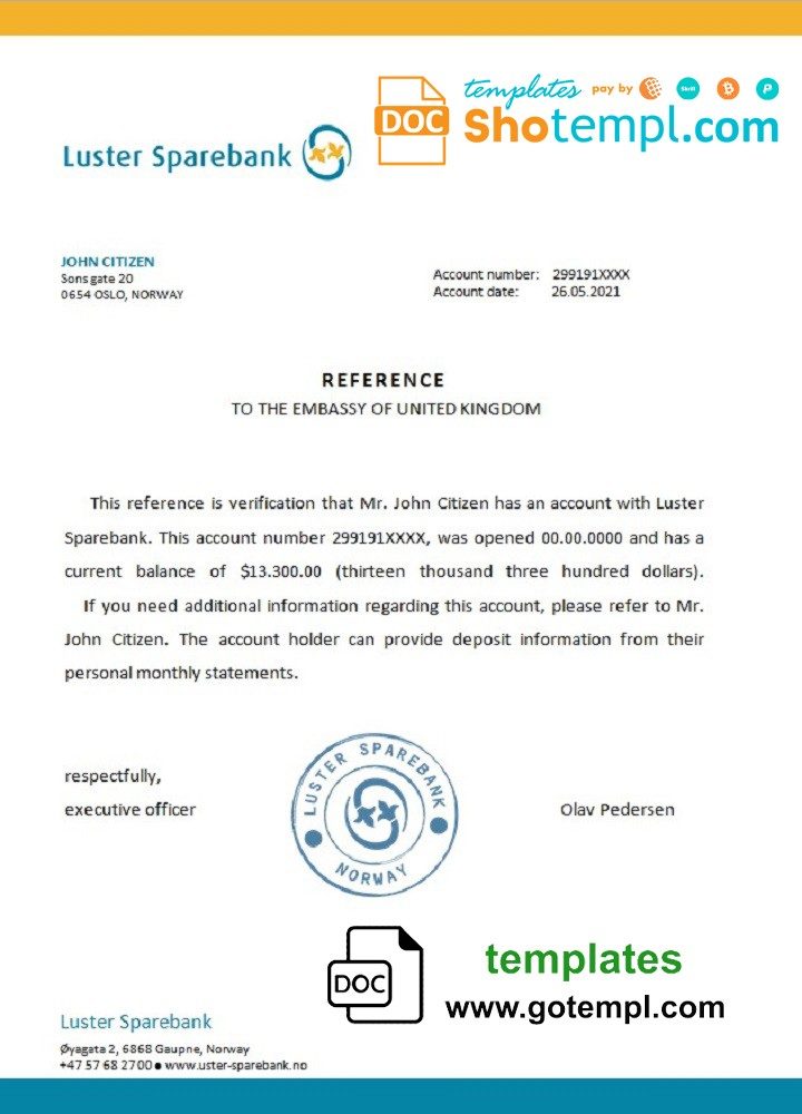 Norwegian Luster Sparebank bank account reference letter example in Word and PDF format