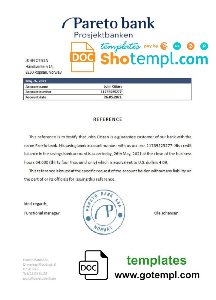 Norwegian Pareto Bank bank account reference letter example in Word and PDF format