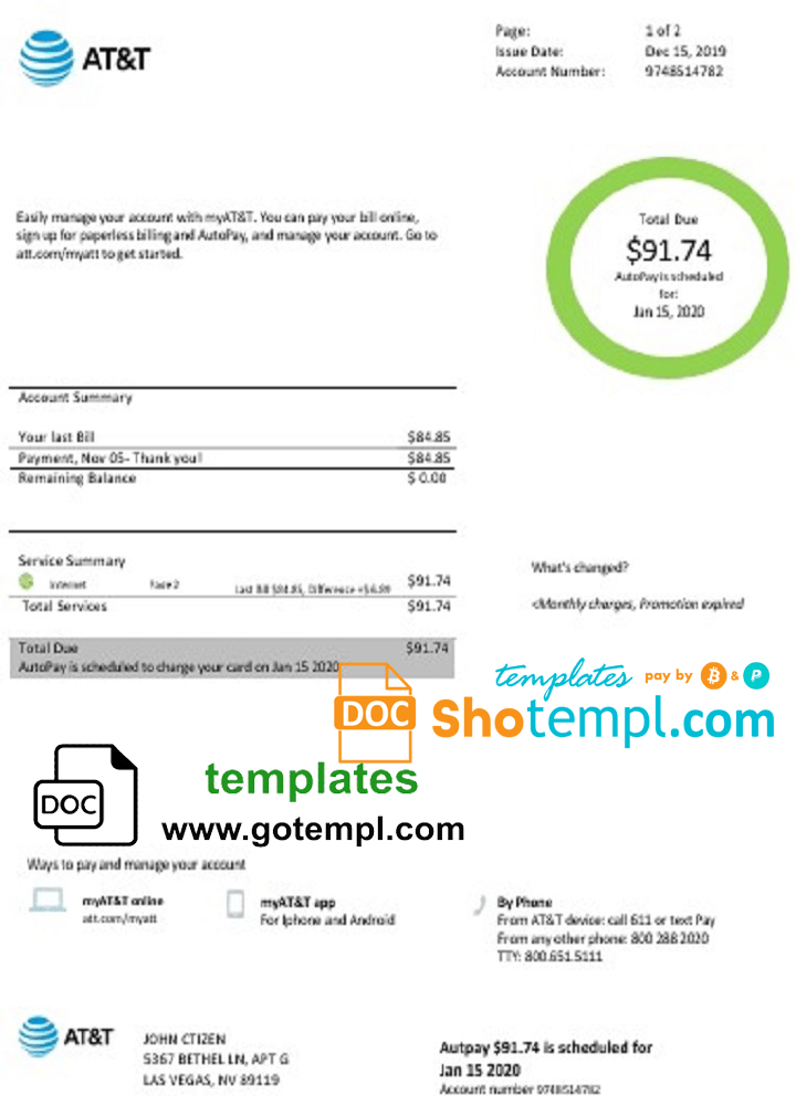USA Texas AT&T easy to fill utility bill download example in Word and PDF format