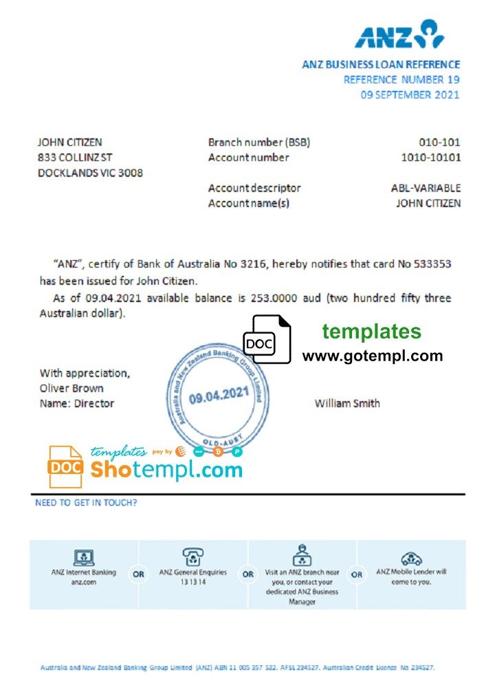 Australian ANZ bank account reference letter example in Word and PDF format