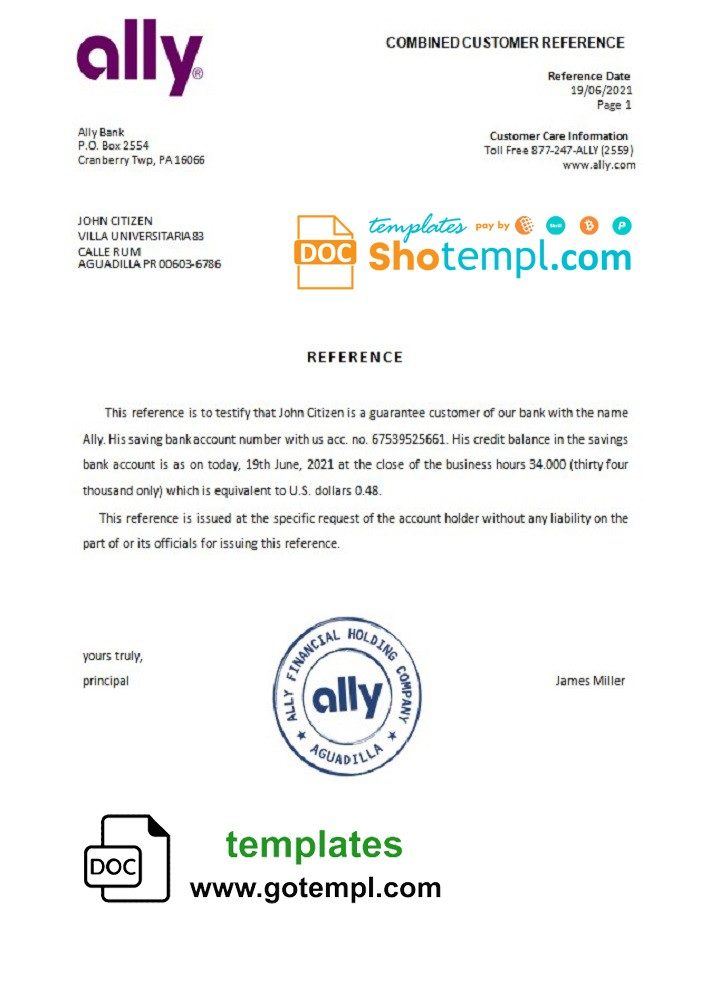 USA Ally bank account reference letter example in Word and PDF format