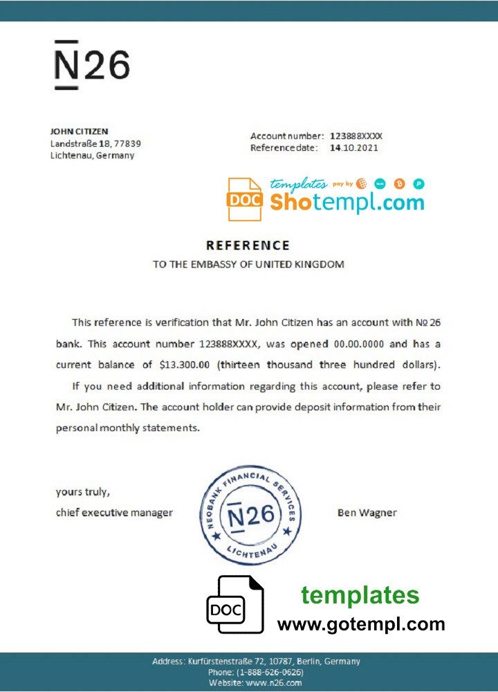 German N26 bank account reference letter example in Word and PDF format