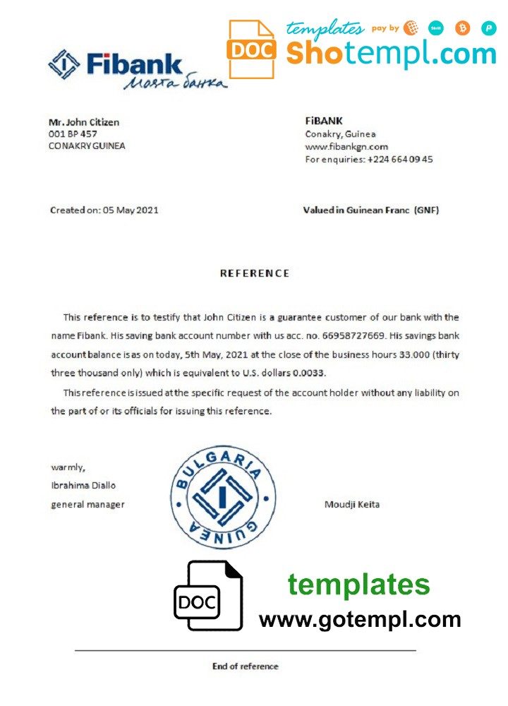 Guinean Fibank bank account reference letter example in Word and PDF format