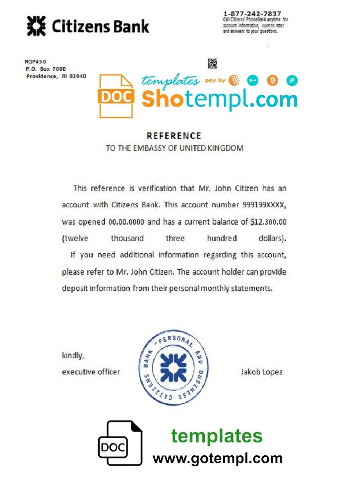 USA Citizens Bank bank account reference letter example in Word and PDF format