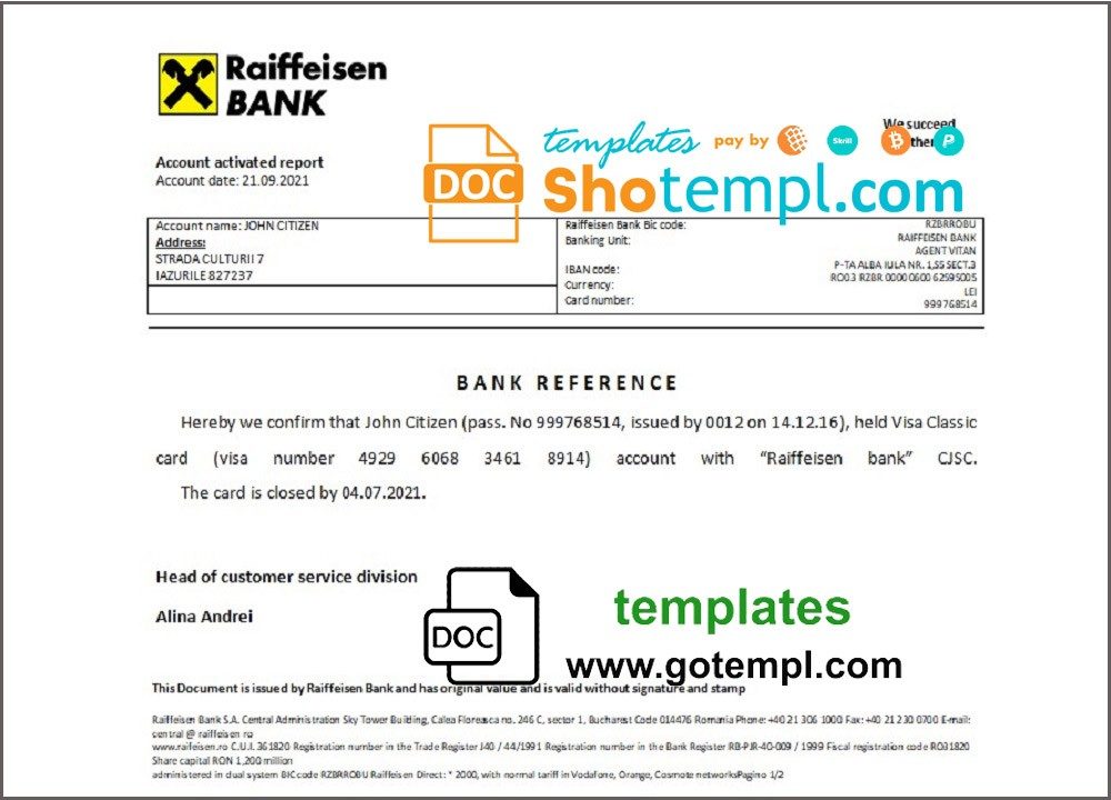 Romanian Raiffeisen bank account closure reference letter example in Word and PDF format