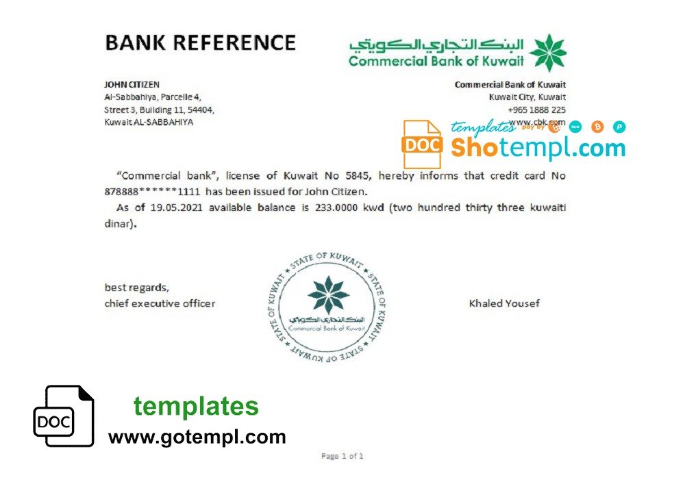 Kuwaiti Commercial Bank of Kuwaiti bank account reference letter example in Word and PDF format