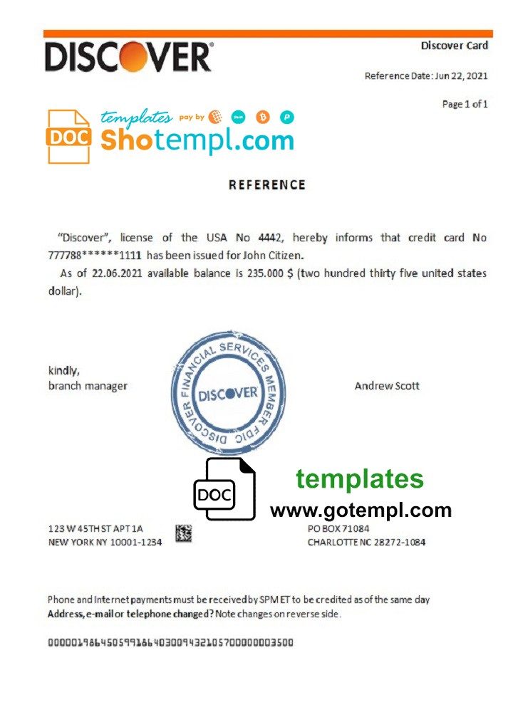 USA Discover bank account reference letter example in Word and PDF format