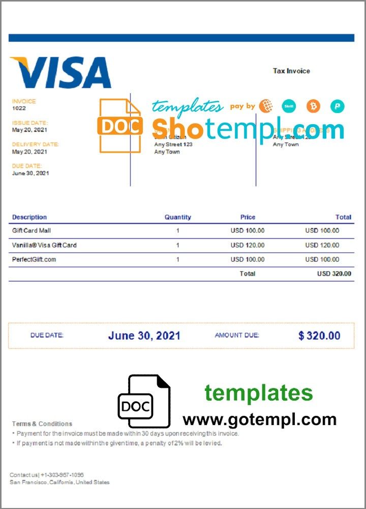 USA Visa invoice example in Word and PDF format, fully editable