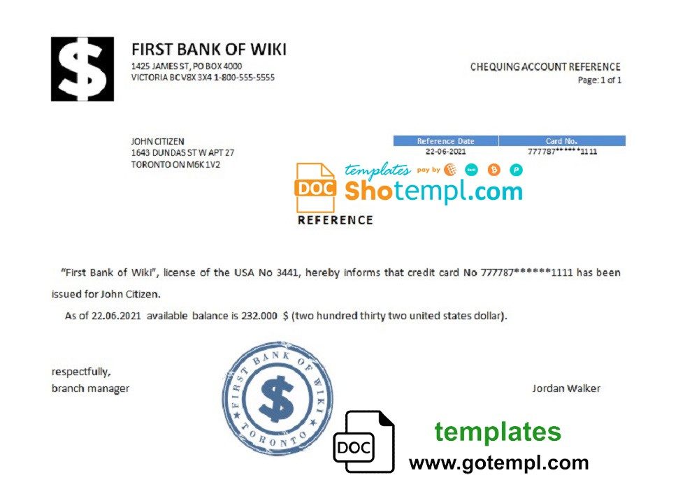USA First Bank of Wiki bank account reference letter example in Word and PDF format