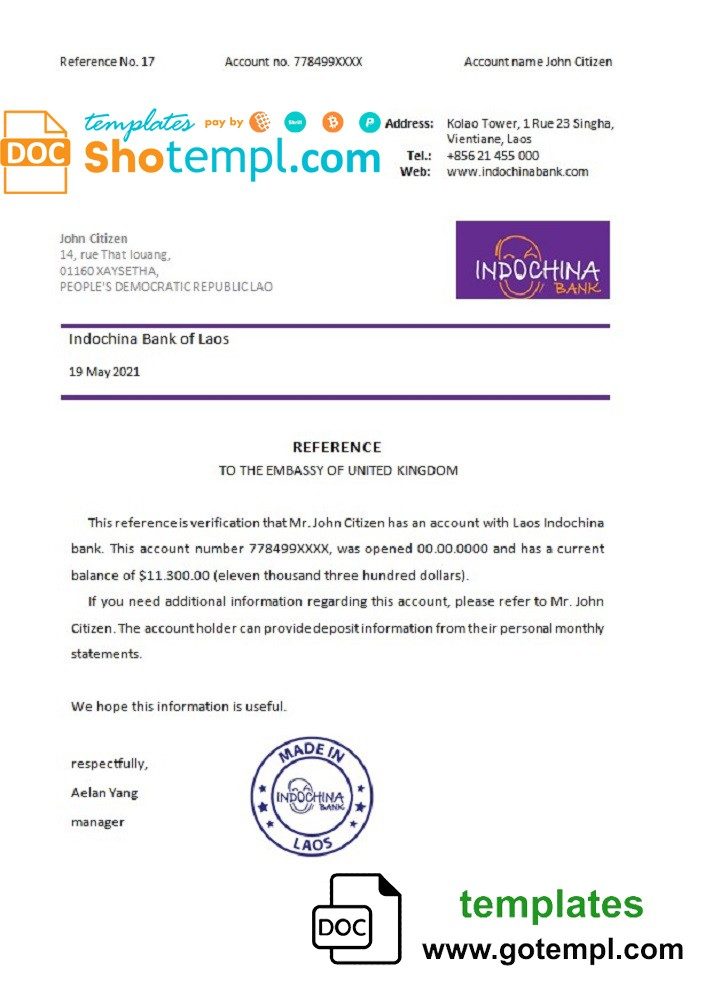 Laos Indochina Bank bank reference letter example in Word and PDF format