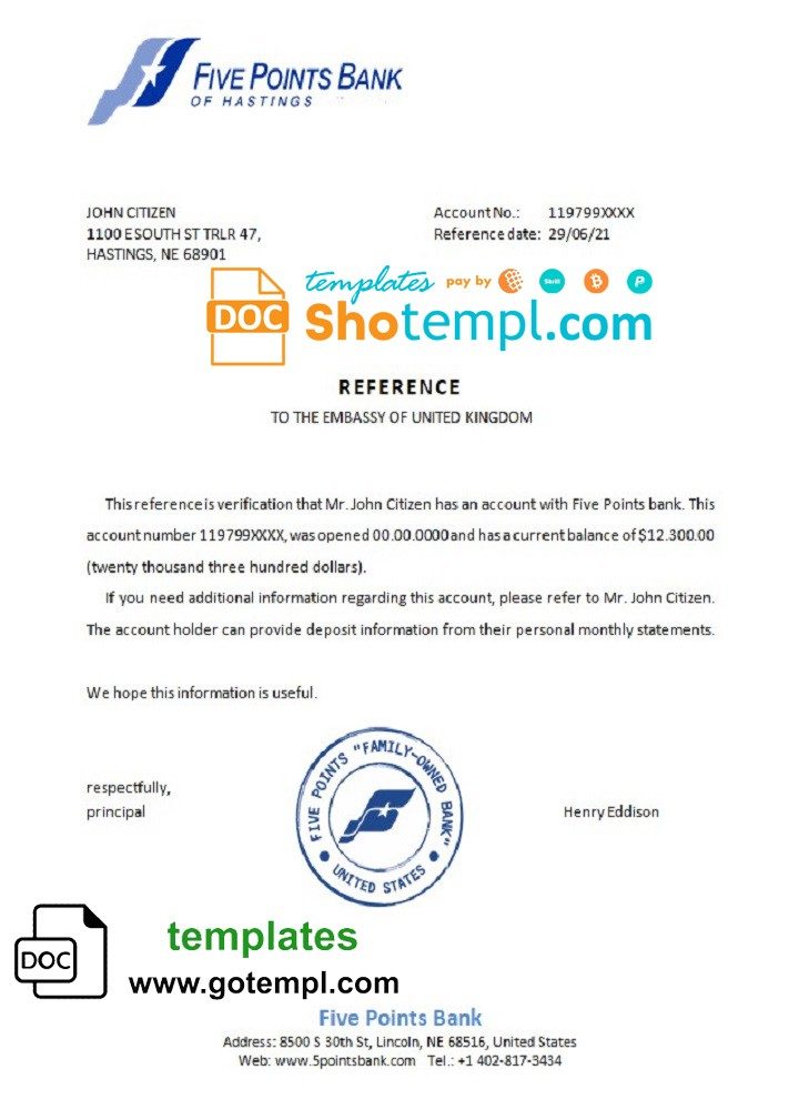 USA Five Points Bank bank account reference letter example in Word and PDF format