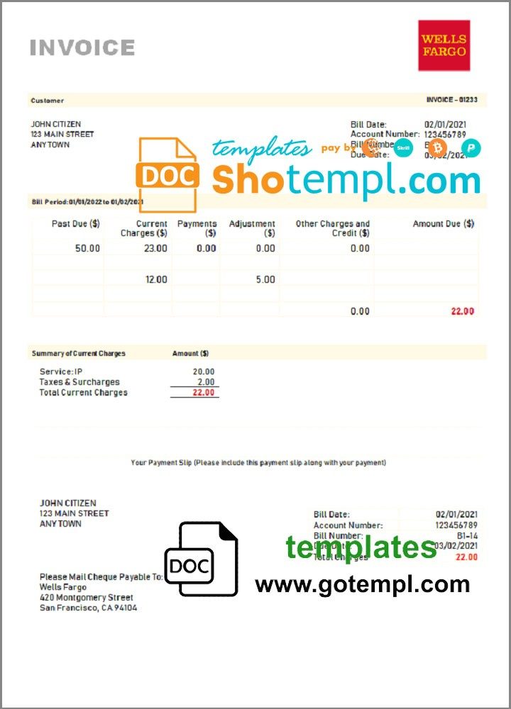 USA Wells Fargo invoice example in Word and PDF format, fully editable