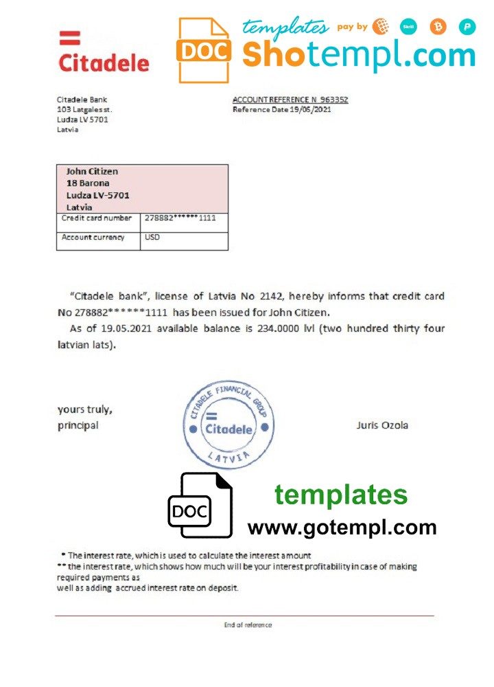 Latvian Citadele bank reference letter example in Word and PDF format