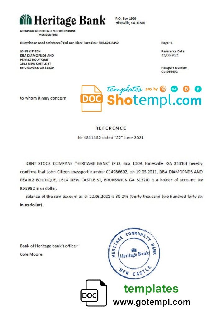 USA Heritage Bank bank account reference letter example in Word and PDF format