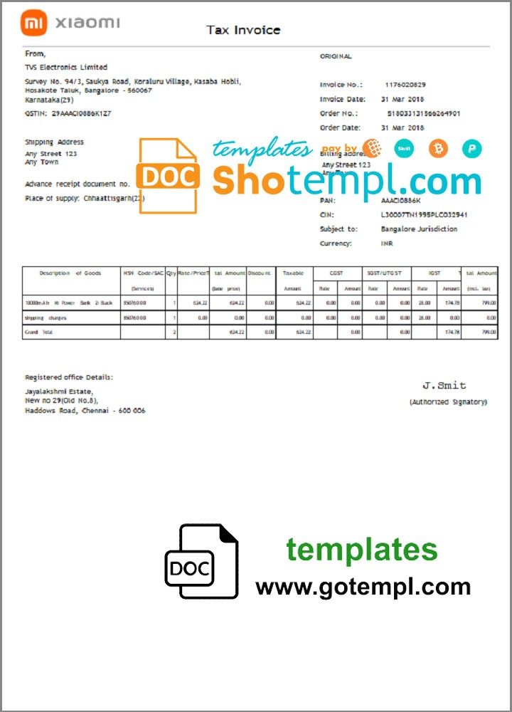 USA Xiaomi invoice example in Word and PDF (.doc and .pdf) format