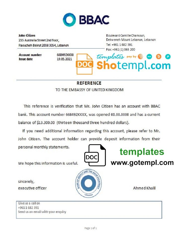 Lebanese Bank of Beirut and the Arab Countries bank account reference letter example in Word and PDF format