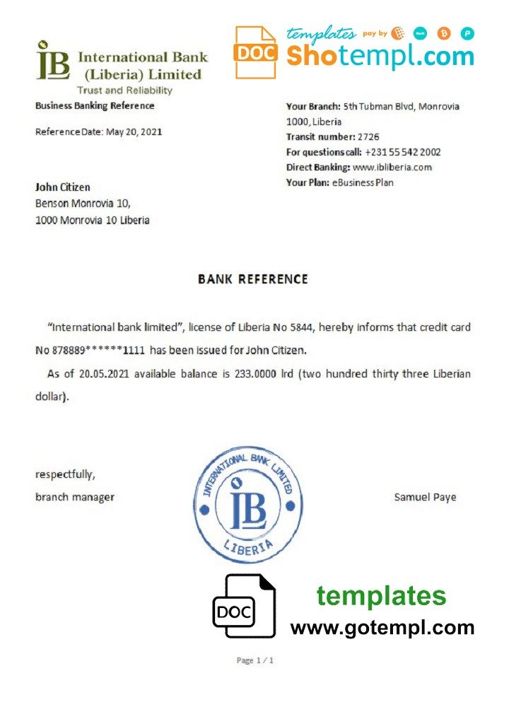 Liberian International Bank Limited bank reference letter example in Word and PDF format