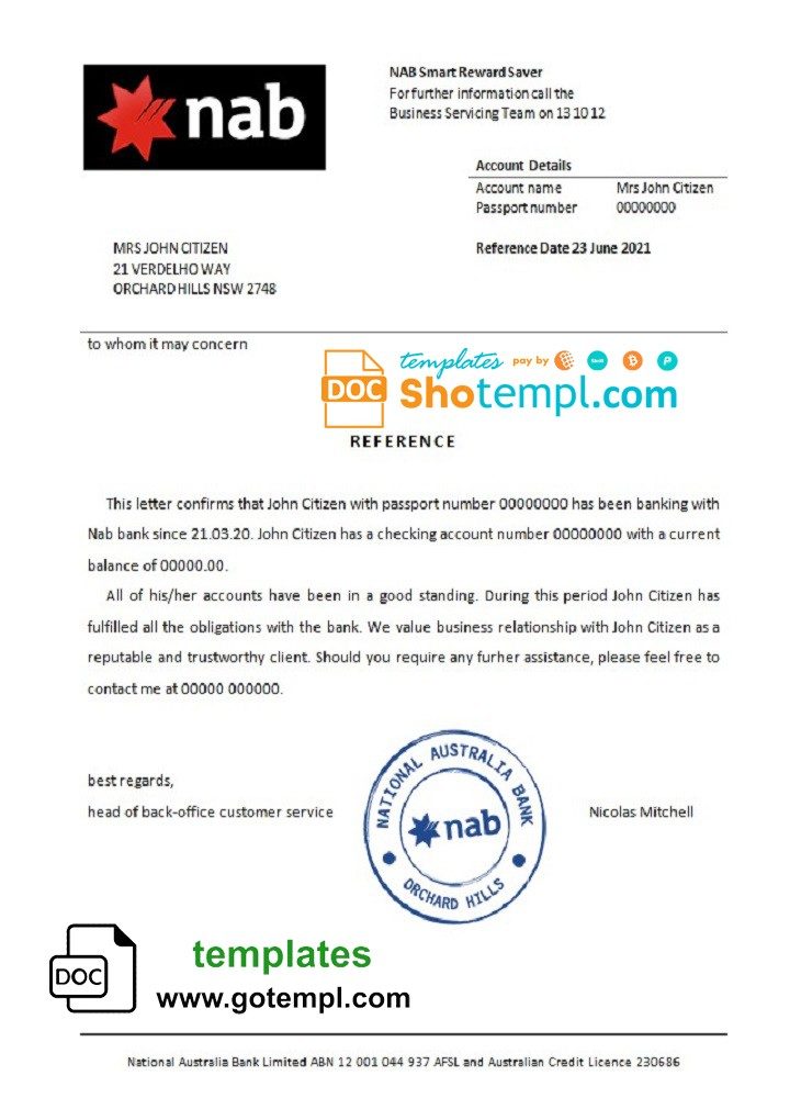 USA Nab bank account reference letter example in Word and PDF format