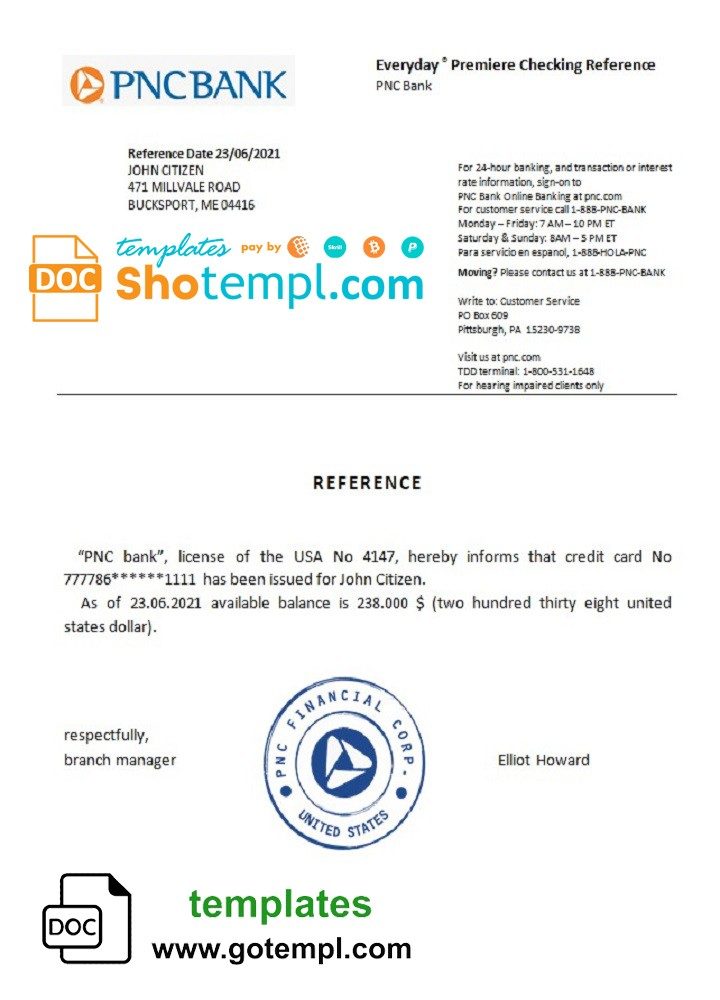 USA PNC Bank bank account reference letter example in Word and PDF format