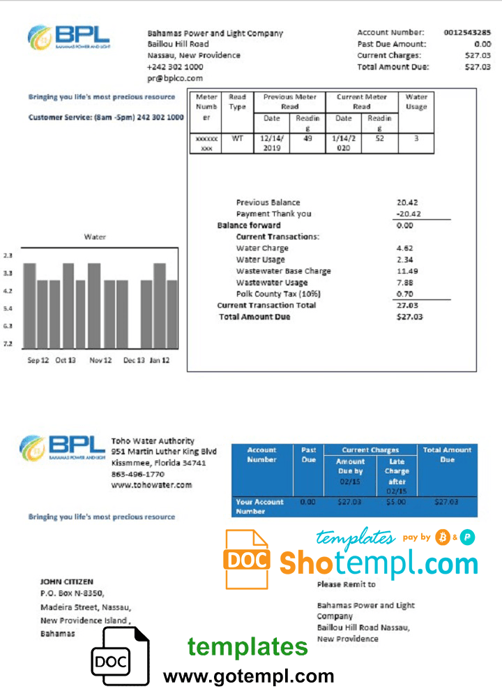 Bahamas Power and Light Company utility bill download example in Word and PDF format