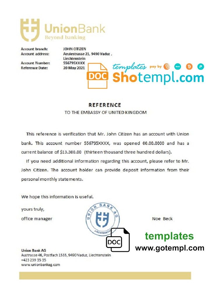 Liechtensteiner Union Bank bank reference letter example in Word and PDF format