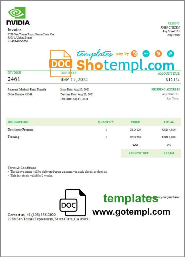 USA Nvidia invoice example in Word and PDF format, fully editable