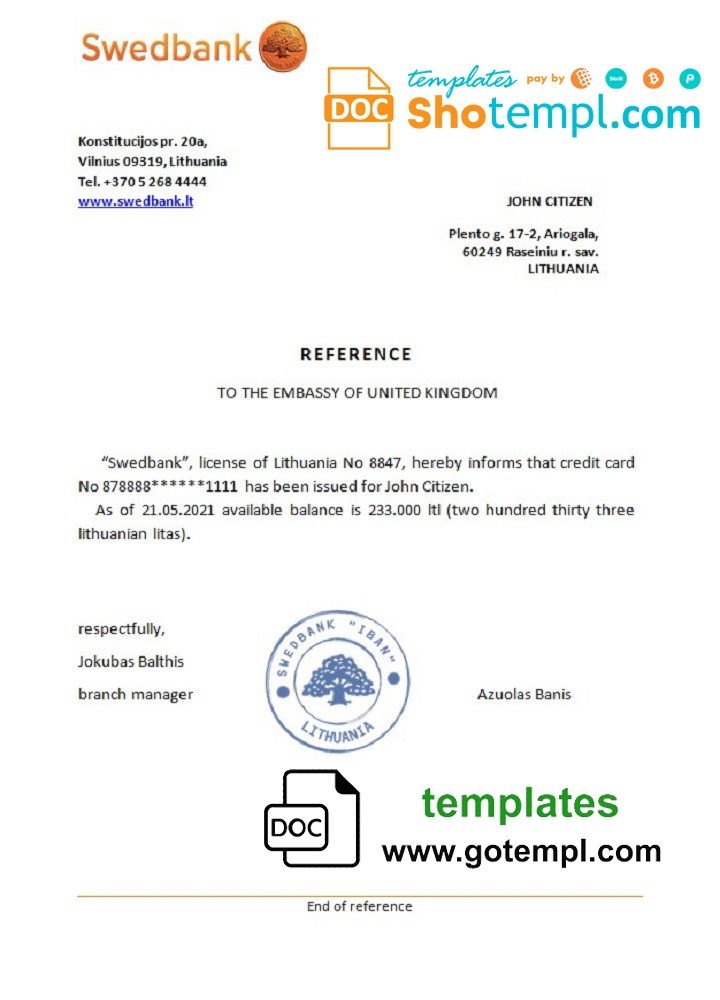Lithuanian Swedbank bank reference letter example in Word and PDF format