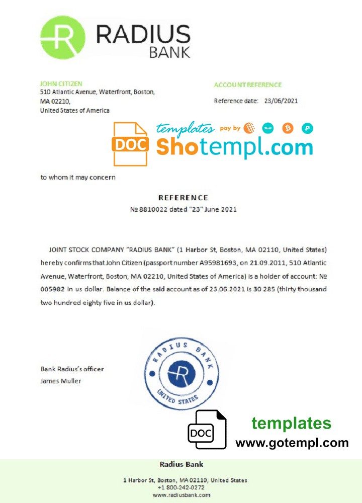USA Radius bank account reference letter example in Word and PDF format