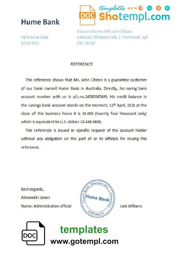 Australian Hume bank reference letter example in Word and PDF format