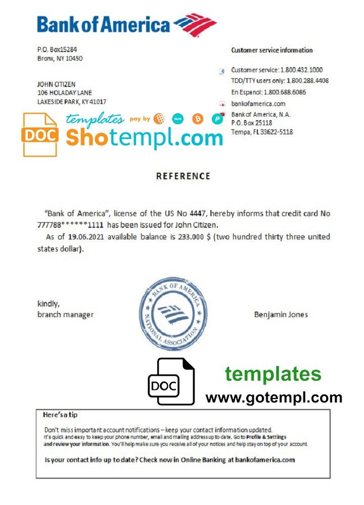 USA Bank of America bank account reference letter example in Word and PDF format
