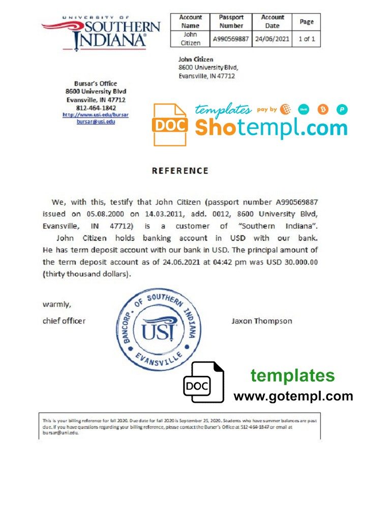 USA Southern Indianna bank account reference letter example in Word and PDF format