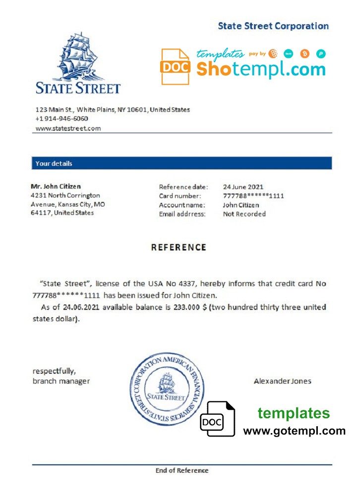 USA State Street bank account reference letter example in Word and PDF format